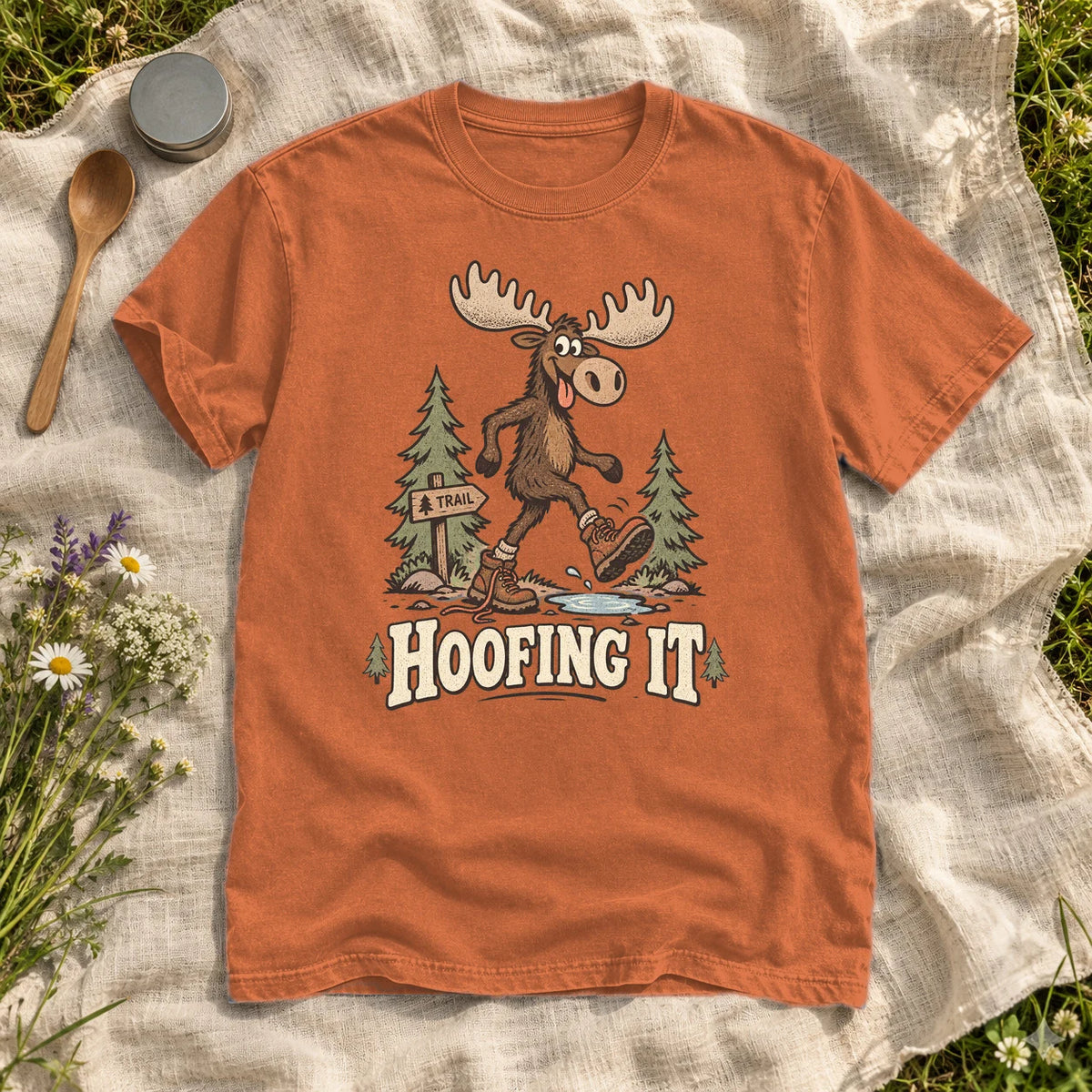 Hoofing It Moose Hiking Graphic Tee on Yam Premium Tee