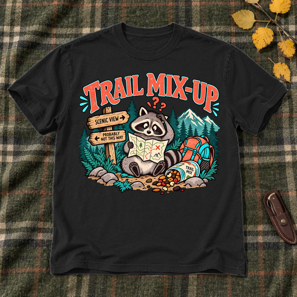 Trail Mix-Up Raccoon Graphic Tee on Black Everyday Soft Tee