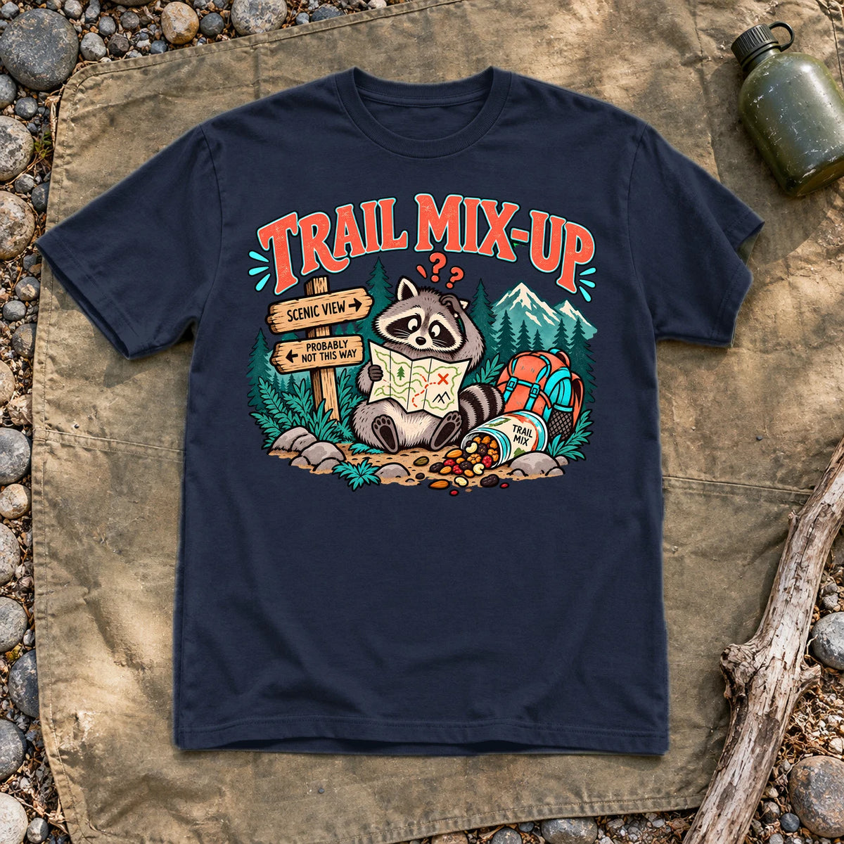 Trail Mix-Up Raccoon Graphic Tee on Navy Everyday Soft Tee