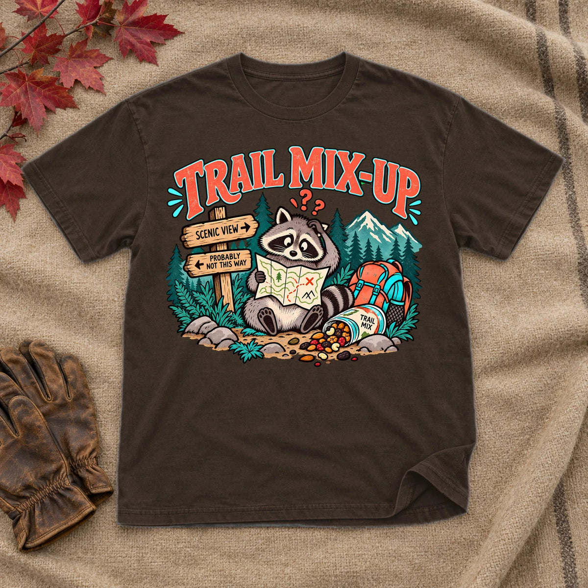 Trail Mix-Up Raccoon Graphic Tee on Dark Chocolate Everyday Soft Tee