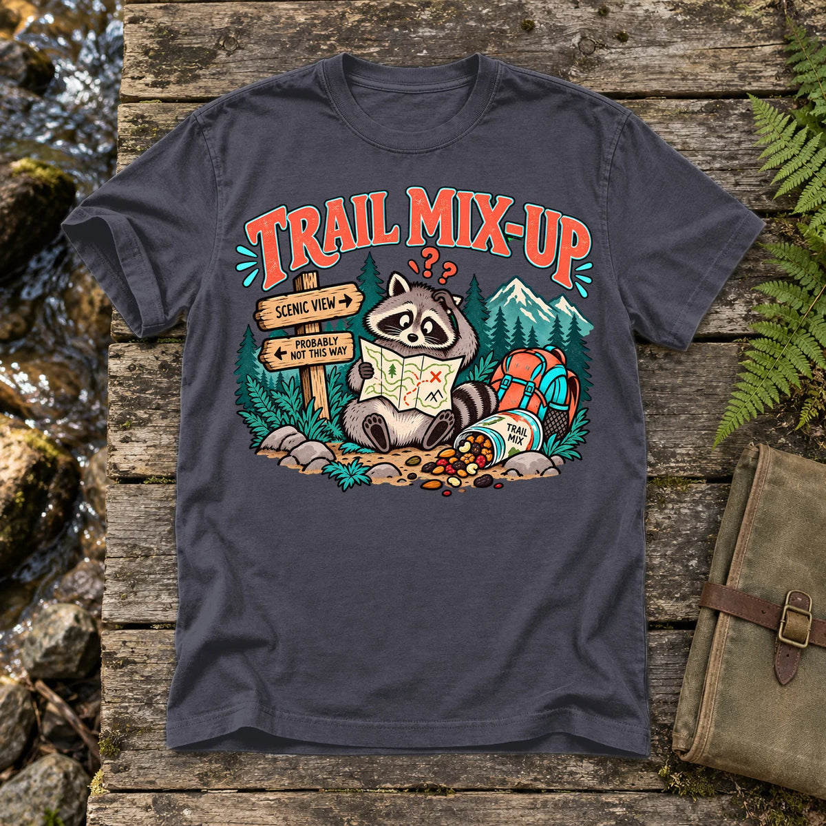 Trail Mix-Up Raccoon Graphic Tee on Navy Premium Tee