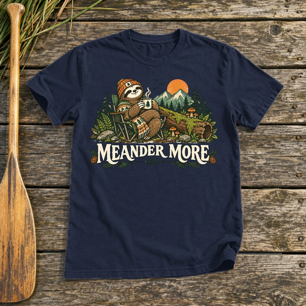Meander More Sloth Camping Graphic Tee on Navy Everyday Soft Tee