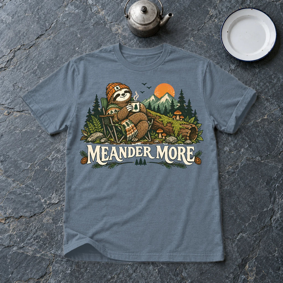 Meander More Sloth Camping Graphic Tee on Heather Indigo Everyday Soft Tee