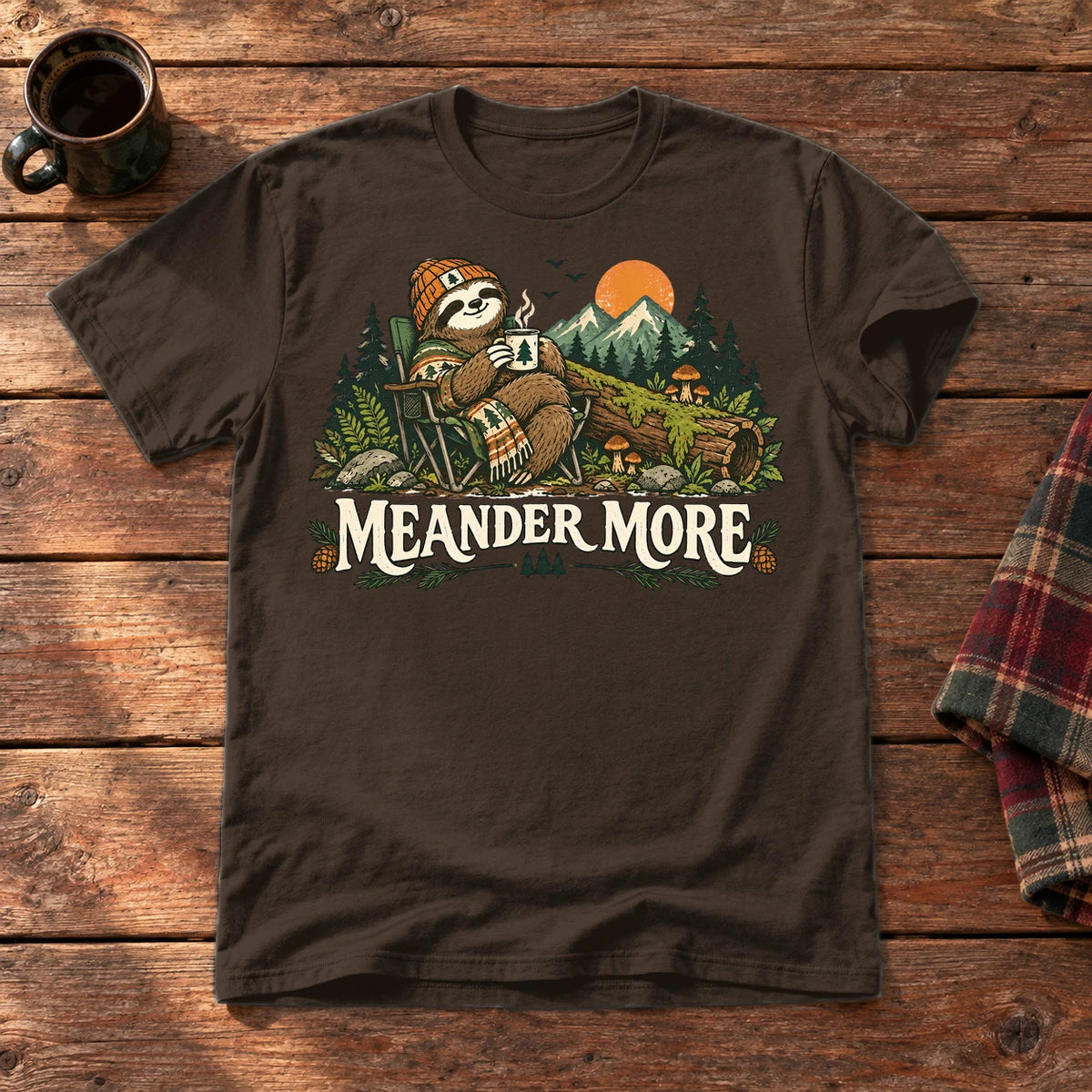 Meander More Sloth Camping Graphic Tee on Dark Chocolate Everyday Soft Tee