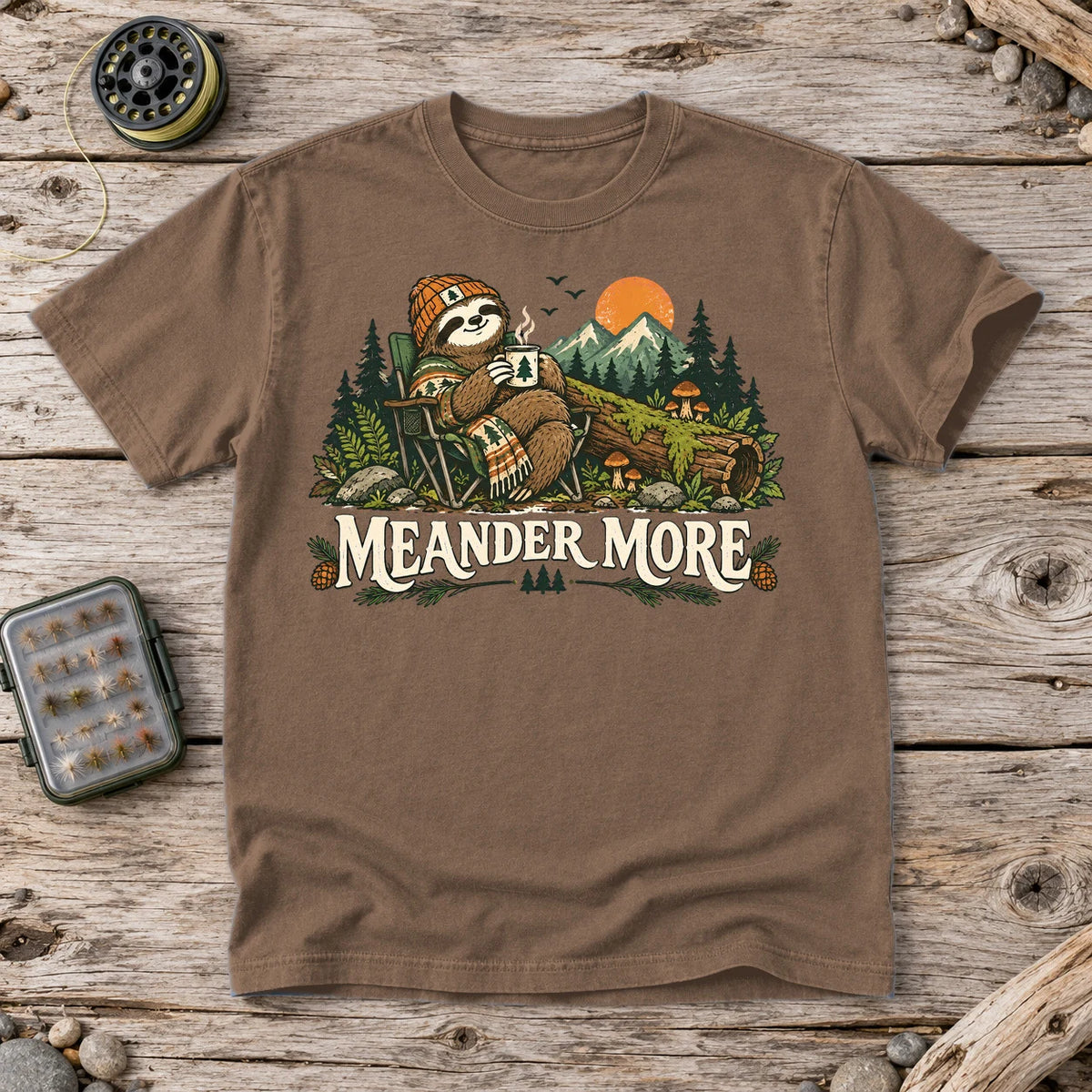 Meander More Sloth Camping Graphic Tee on Espresso Premium Tee