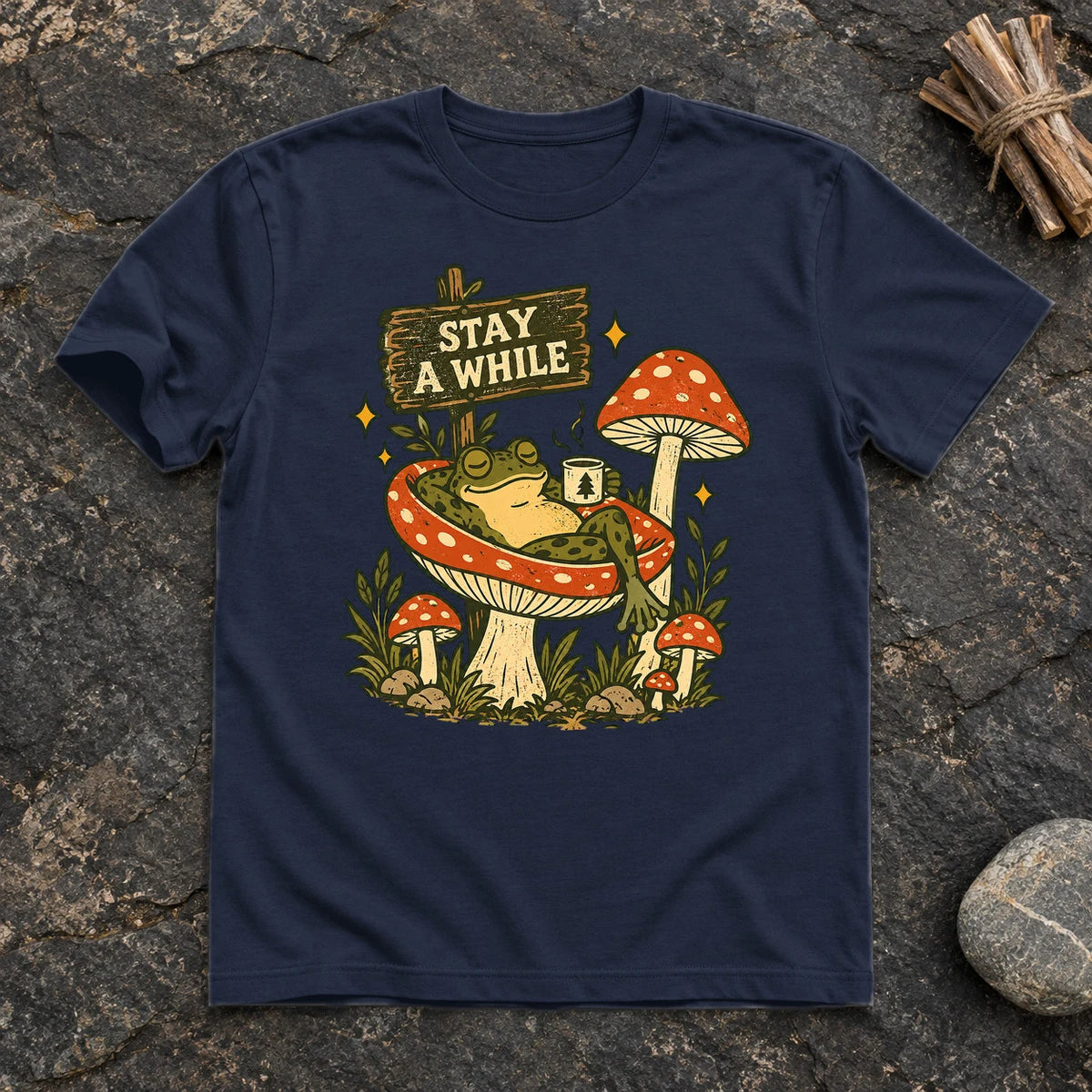 Stay A While Mushroom Frog Graphic Tee on Navy Everyday Soft Tee
