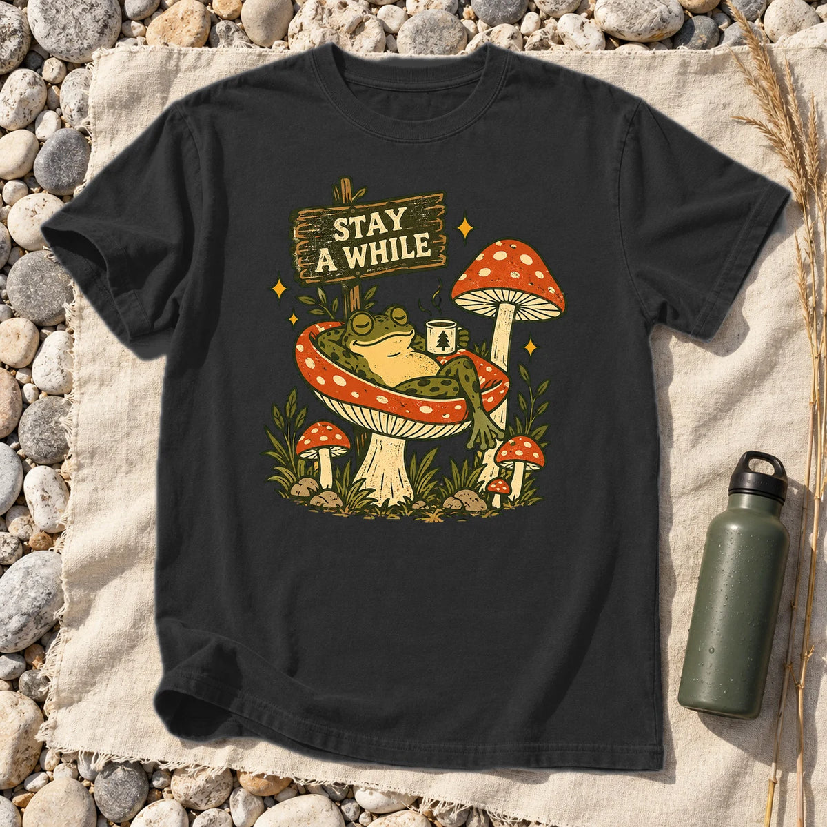 Stay A While Mushroom Frog Graphic Tee on Black Premium Tee