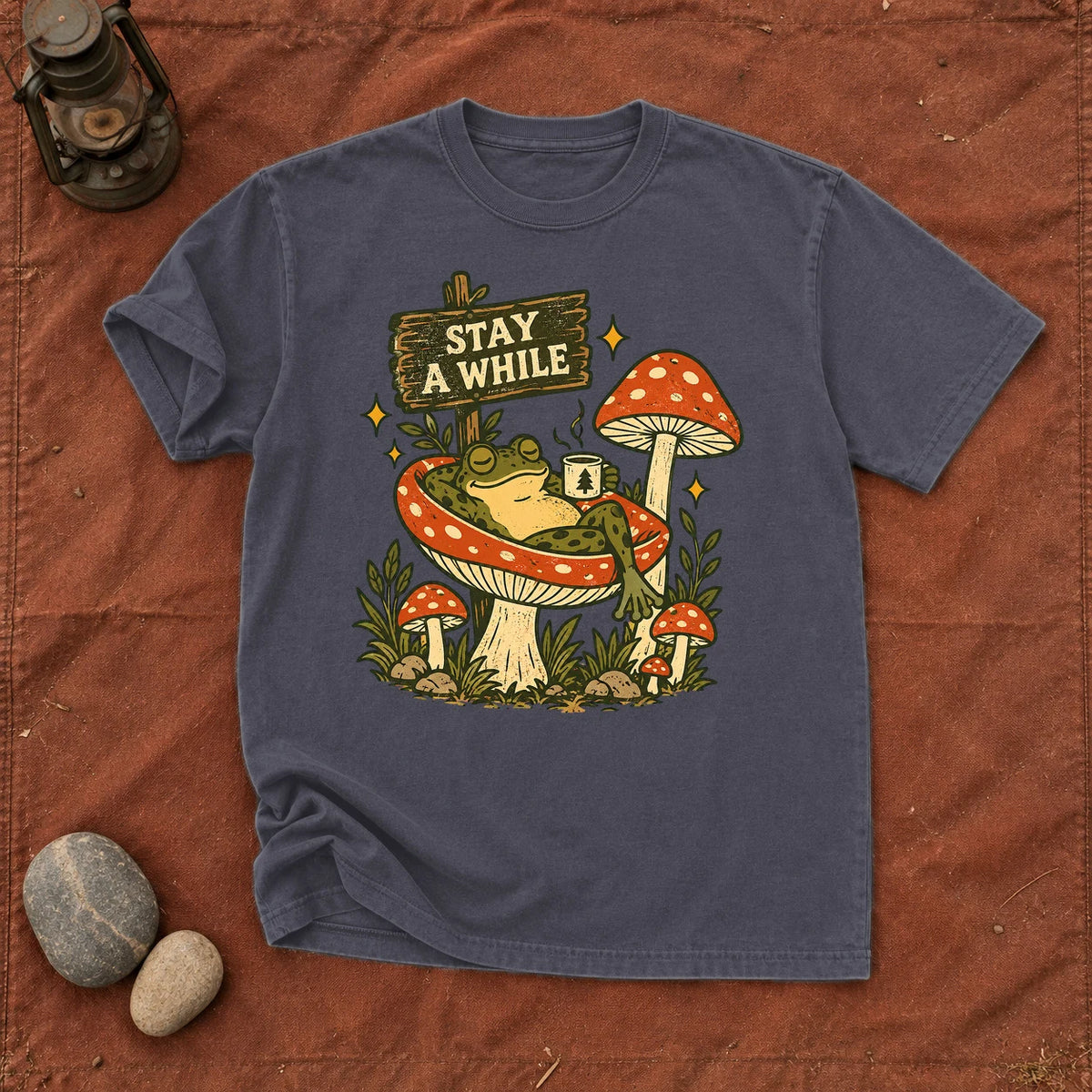 Stay A While Mushroom Frog Graphic Tee on Navy Premium Tee