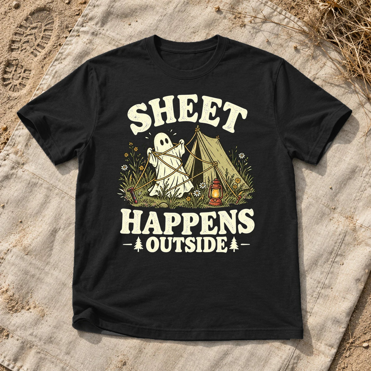 Sheet Happens Camping Ghost Graphic Tee on Black Everyday Soft Tee