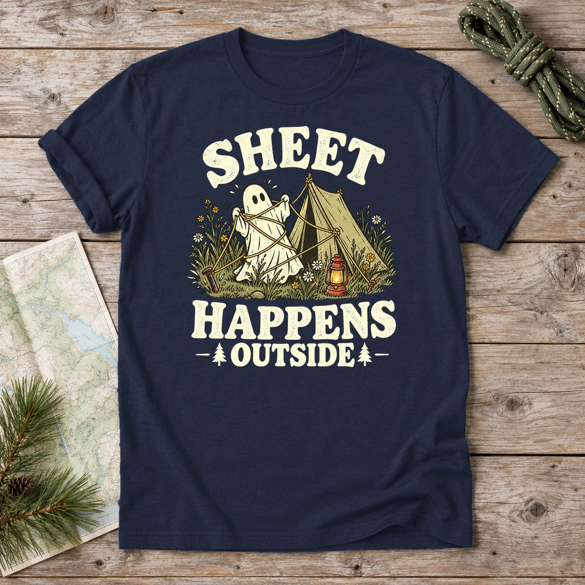 Sheet Happens Camping Ghost Graphic Tee on Navy Everyday Soft Tee