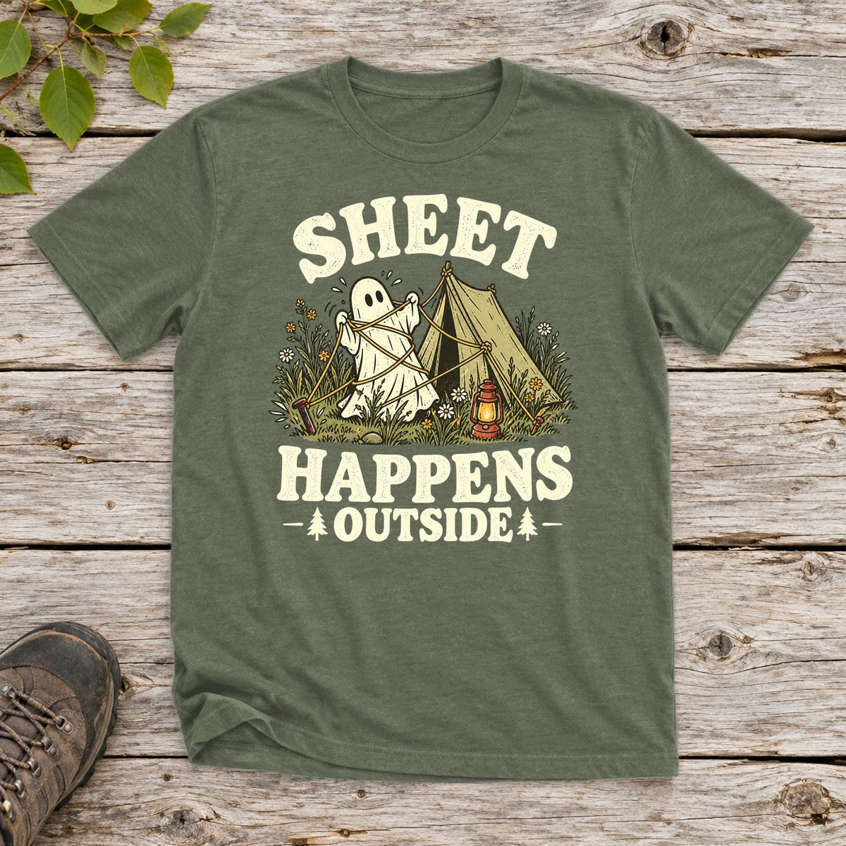 Sheet Happens Camping Ghost Graphic Tee on Military Green Everyday Soft Tee