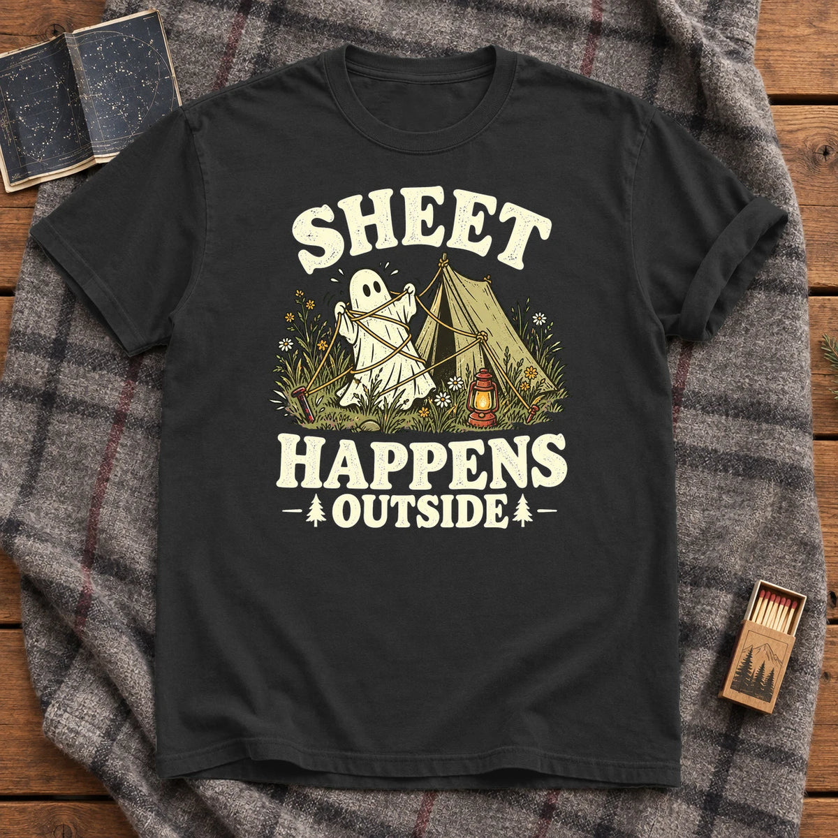 Sheet Happens Camping Ghost Graphic Tee on Black Premium Tee
