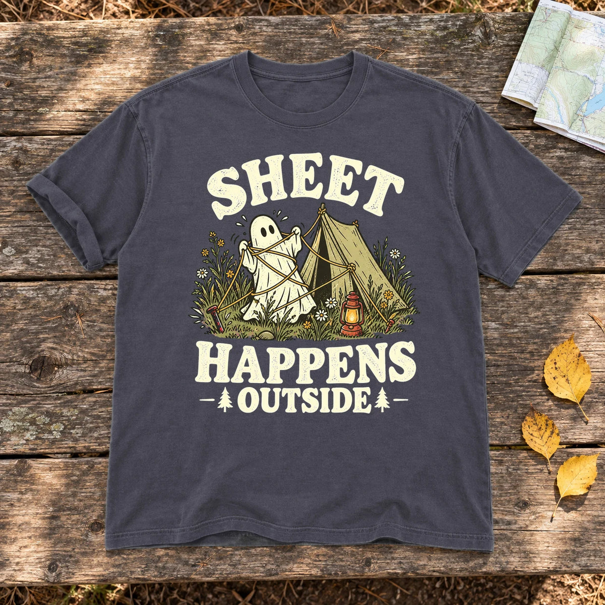 Sheet Happens Camping Ghost Graphic Tee on Navy Premium Tee