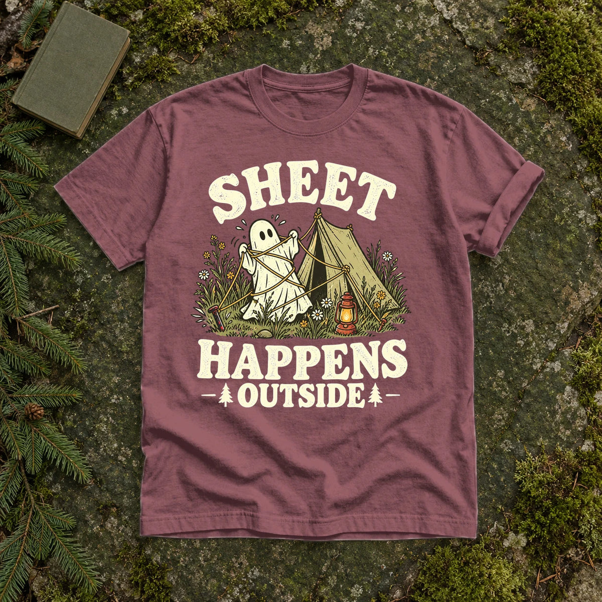 Sheet Happens Camping Ghost Graphic Tee on Brick Premium Tee