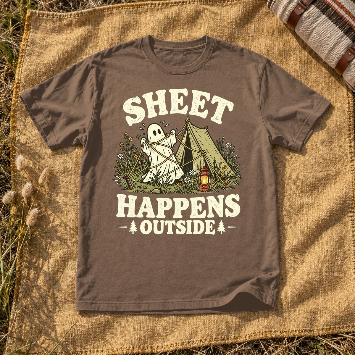 Sheet Happens Camping Ghost Graphic Tee on Espresso Premium Tee