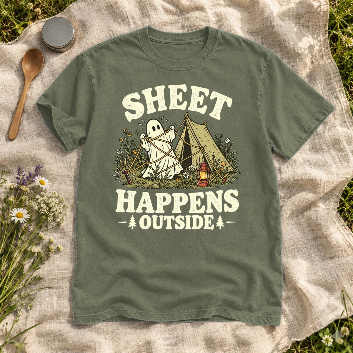 Sheet Happens Camping Ghost Graphic Tee on Moss Premium Tee
