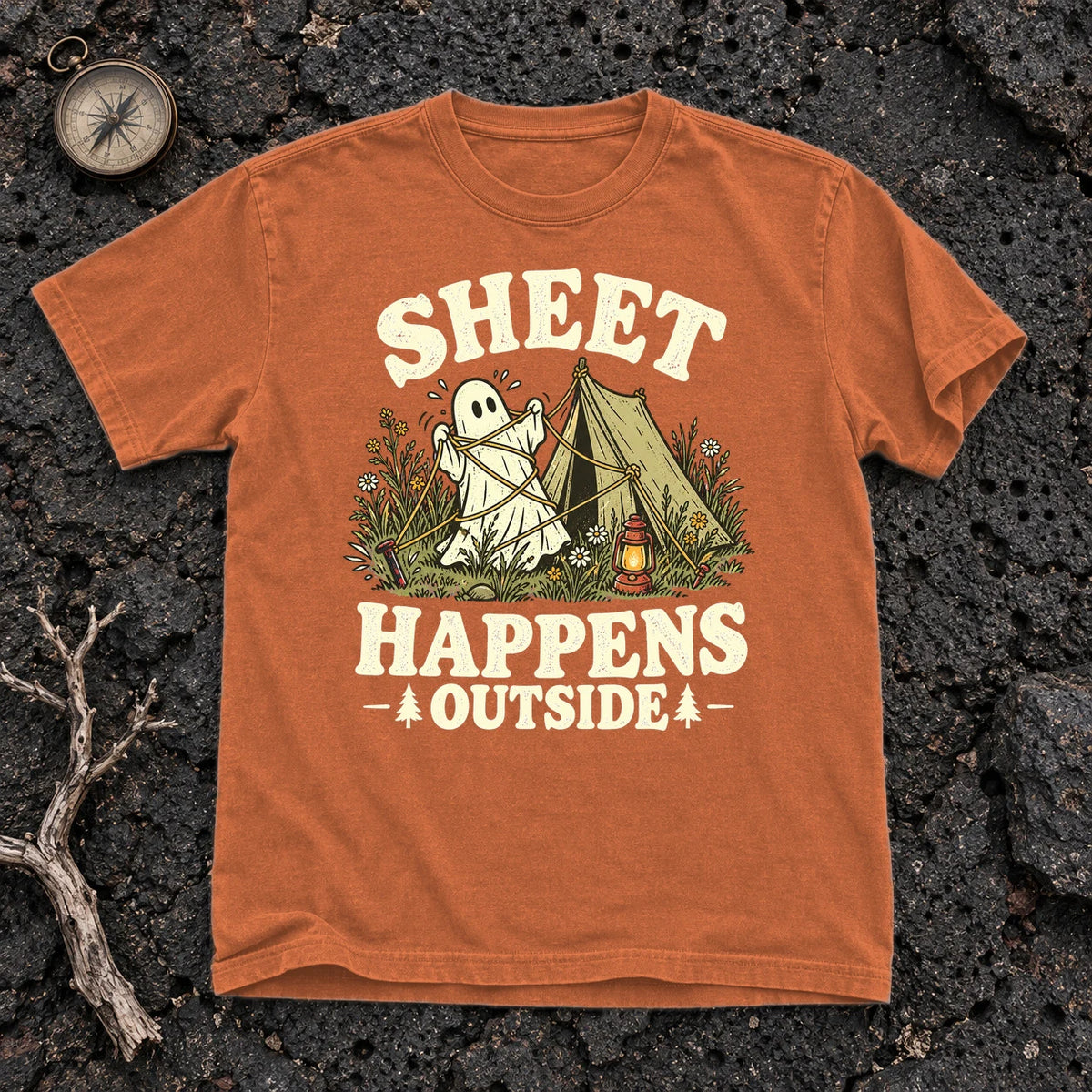 Sheet Happens Camping Ghost Graphic Tee on Yam Premium Tee