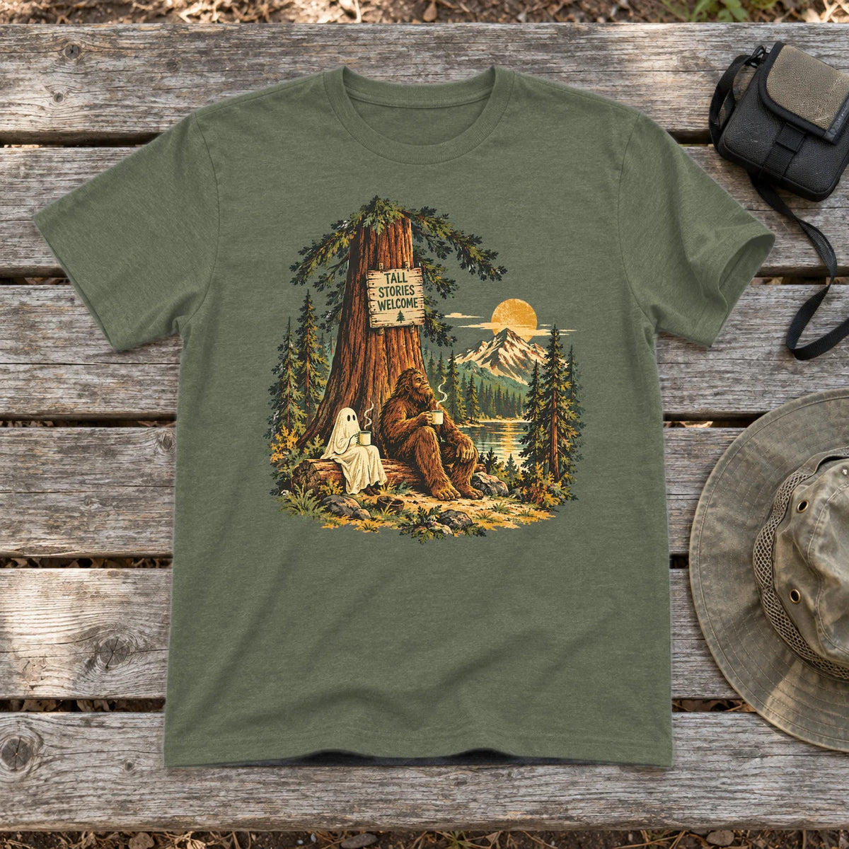 Tall Stories Bigfoot & Ghost Graphic Tee on Military Green Everyday Soft Tee