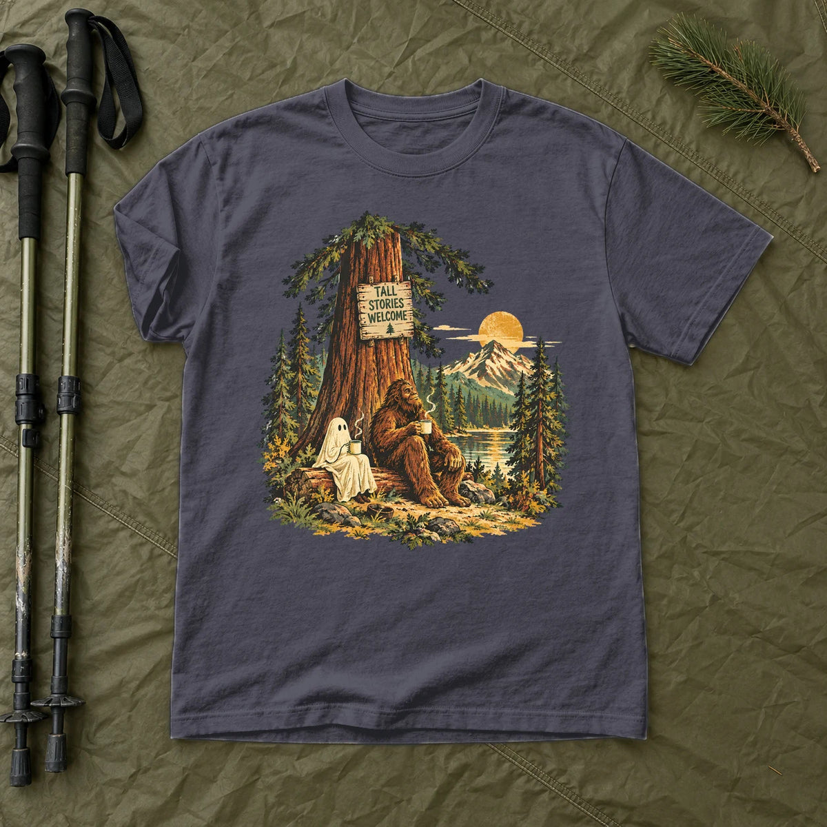 Tall Stories Bigfoot & Ghost Graphic Tee on Navy Premium Tee