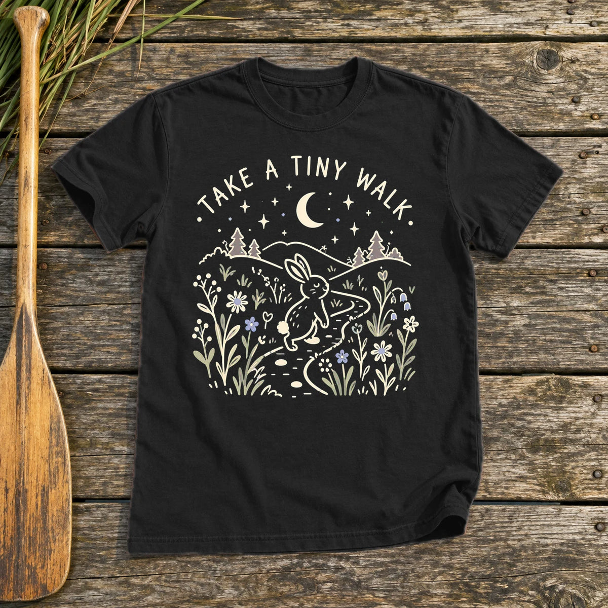 Take A Tiny Walk Bunny Graphic Tee on Black Everyday Soft Tee