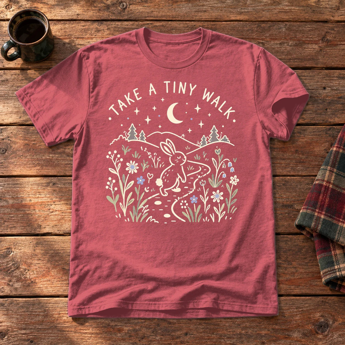 Take A Tiny Walk Bunny Graphic Tee on Heather Red Everyday Soft Tee
