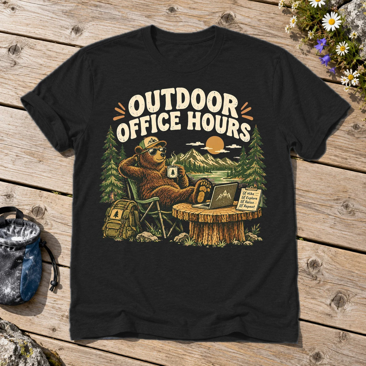 Outdoor Office Hours Bear Graphic Tee on Black Everyday Soft Tee