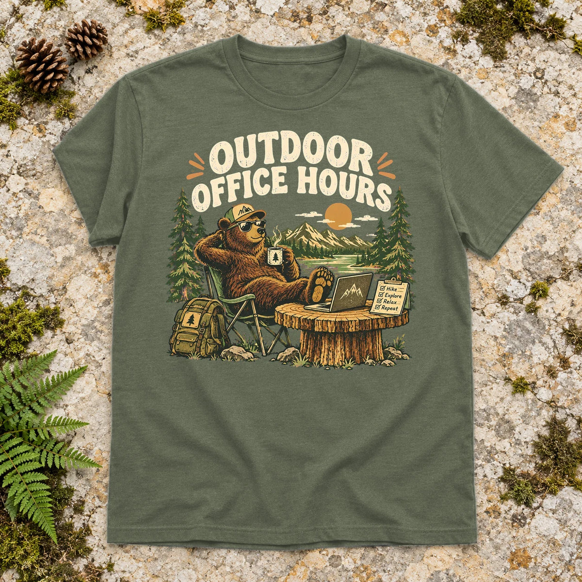 Outdoor Office Hours Bear Graphic Tee on Military Green Everyday Soft Tee