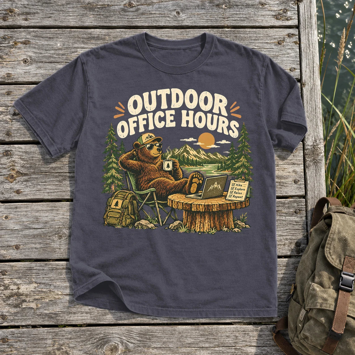Outdoor Office Hours Bear Graphic Tee on Navy Premium Tee