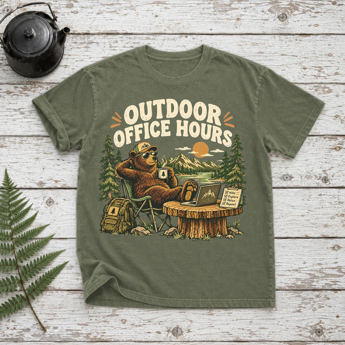 Outdoor Office Hours Bear Graphic Tee on Moss Premium Tee