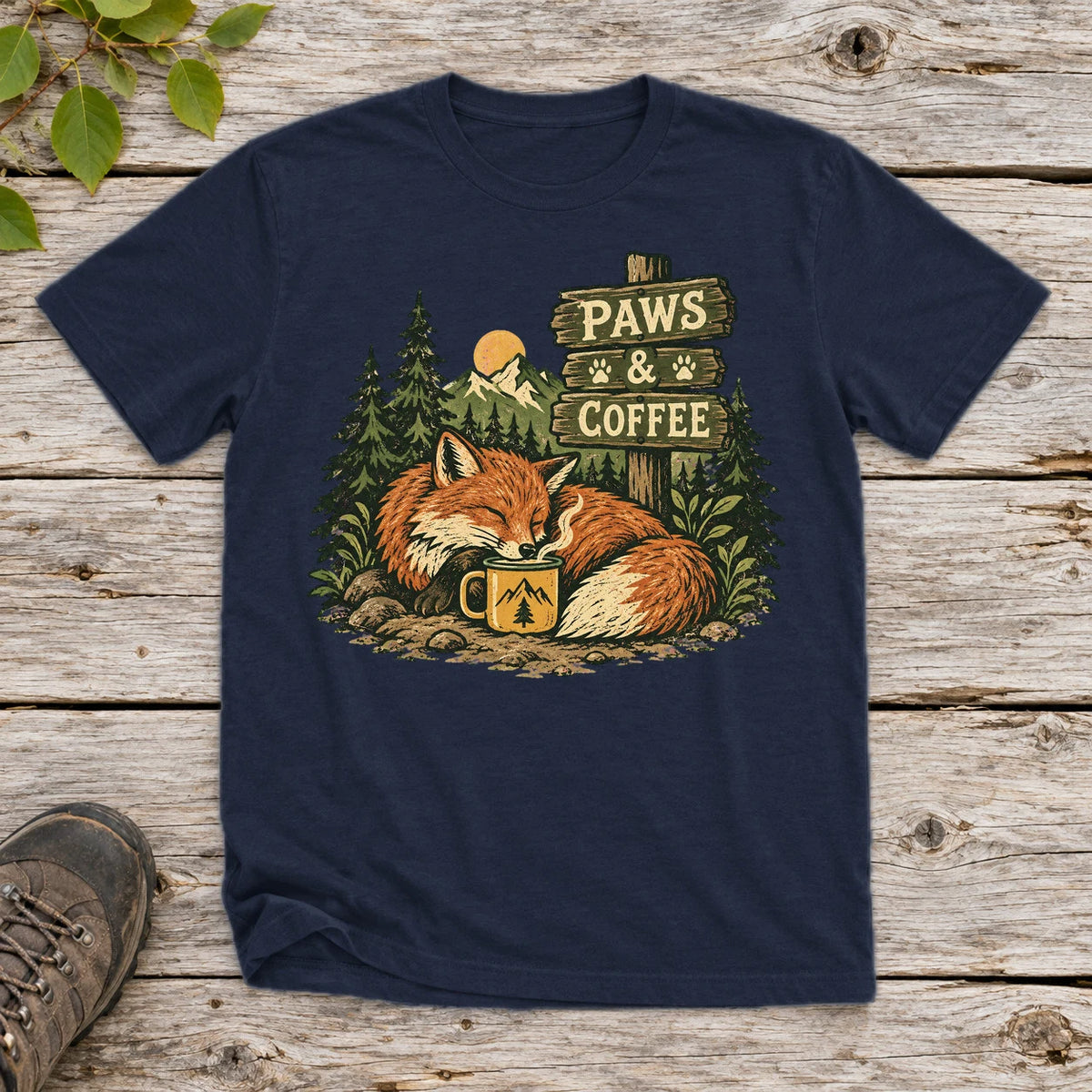 Paws & Coffee Fox Graphic Tee on Navy Everyday Soft Tee