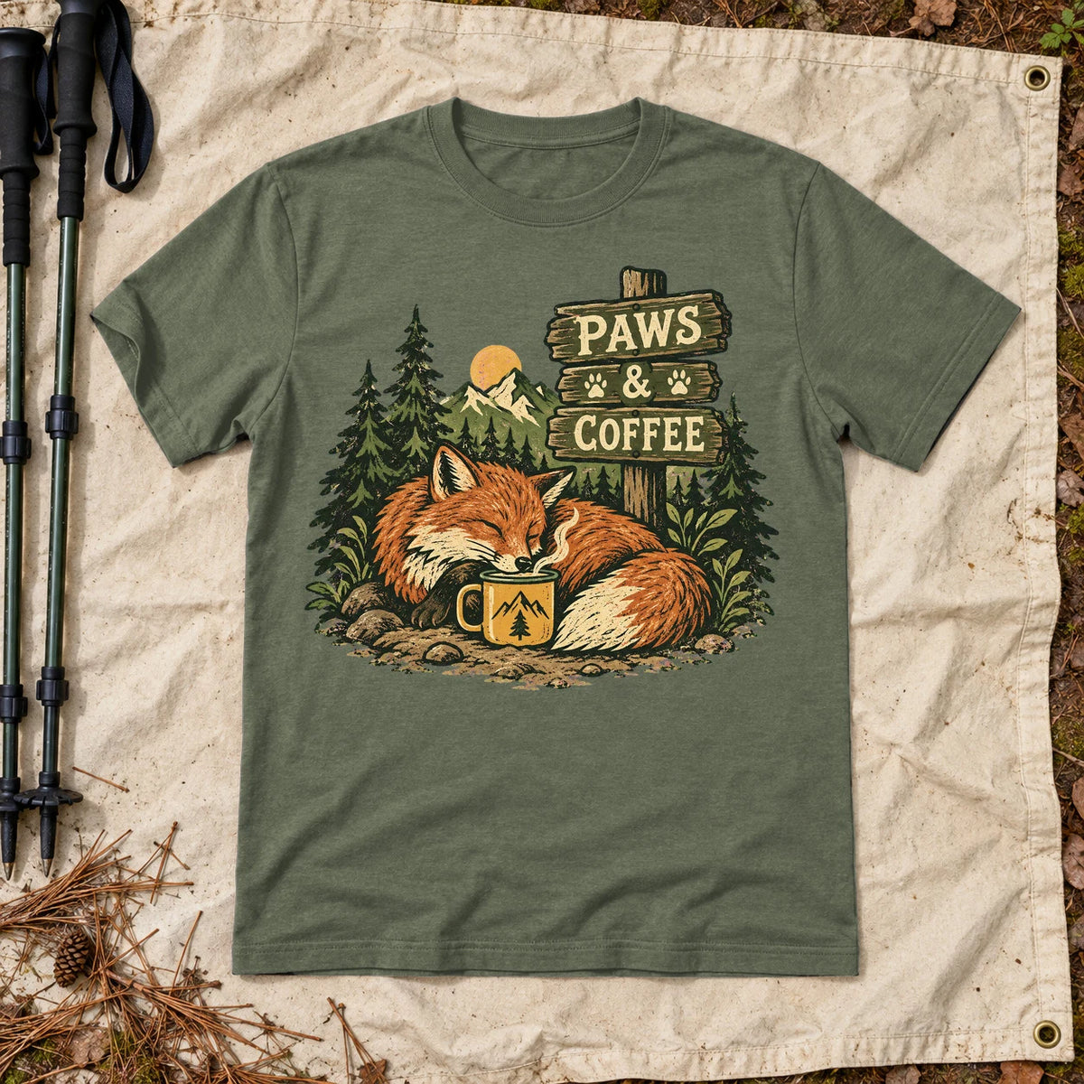 Paws & Coffee Fox Graphic Tee on Military Green Everyday Soft Tee