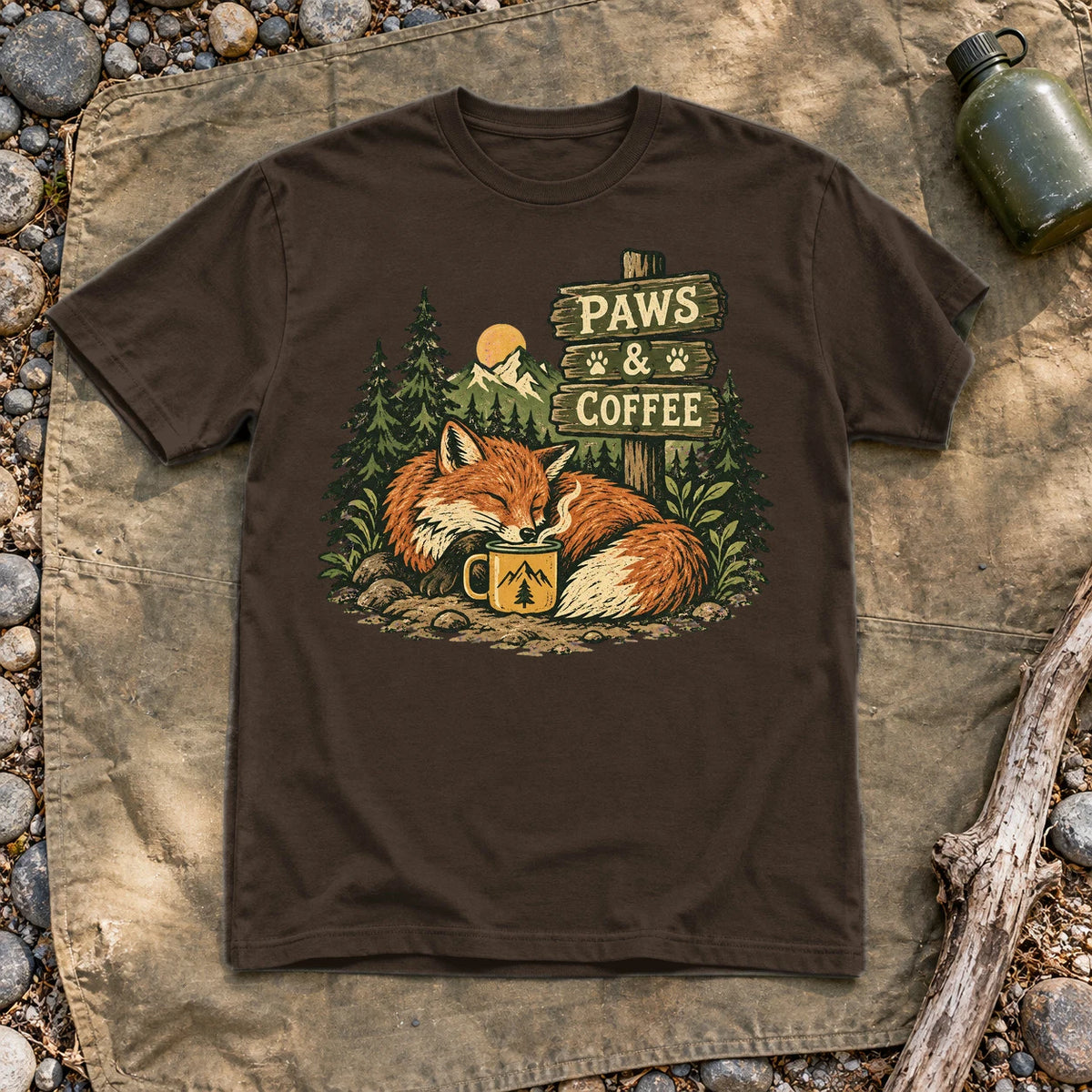 Paws & Coffee Fox Graphic Tee on Dark Chocolate Everyday Soft Tee