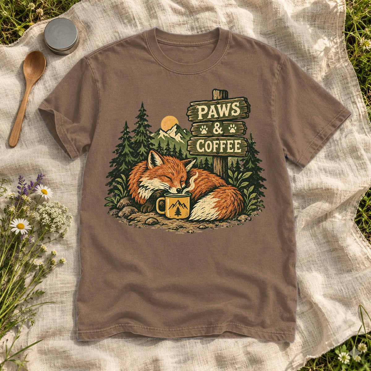 Paws & Coffee Fox Graphic Tee on Espresso Premium Tee