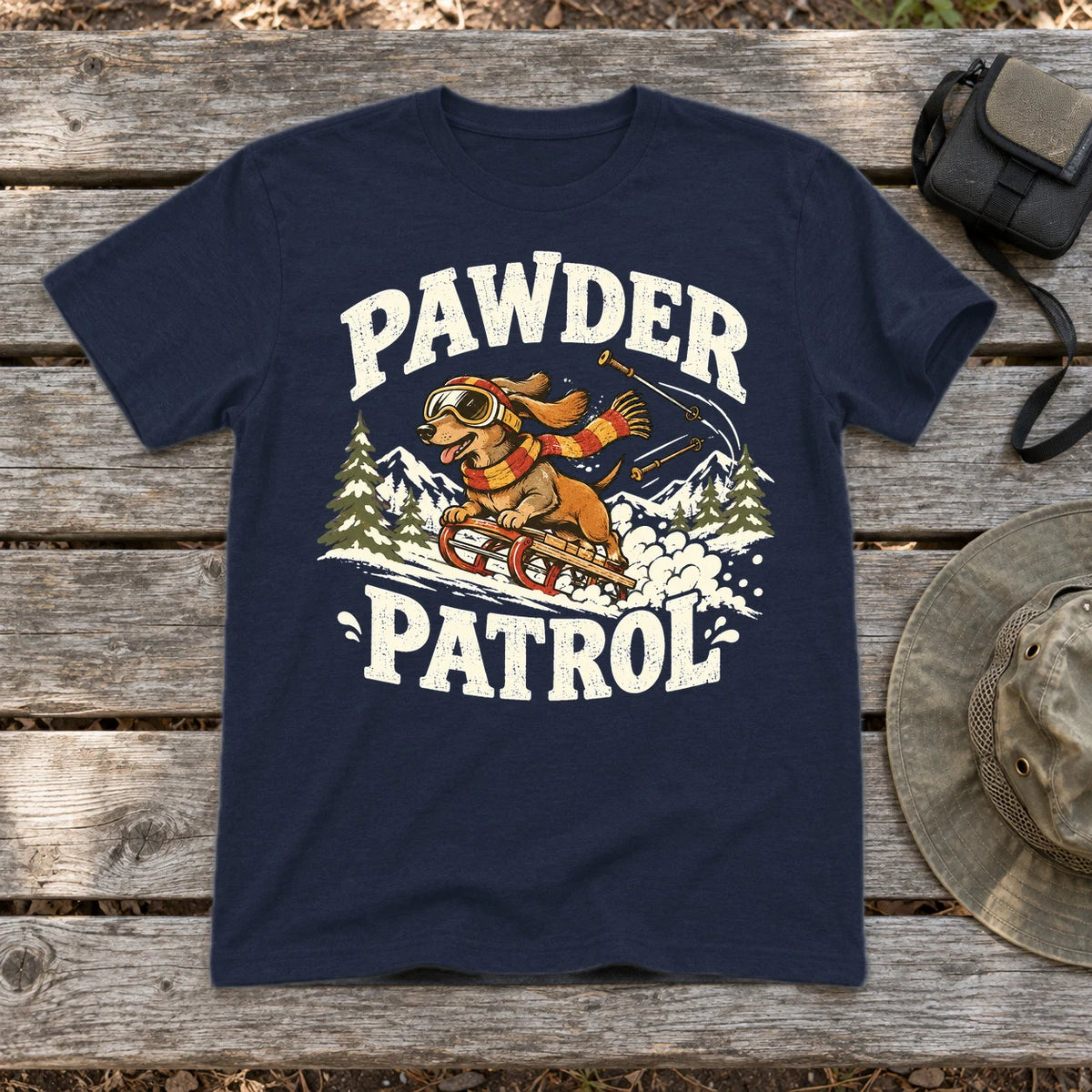 Pawder Patrol Dachshund Ski Graphic Tee on Navy Everyday Soft Tee