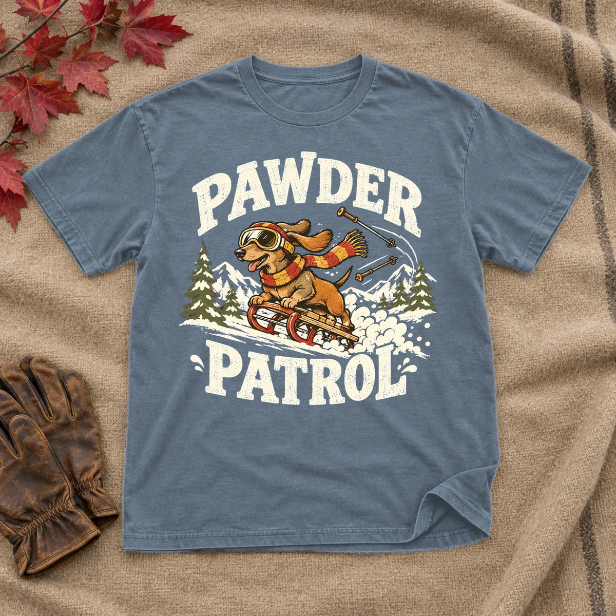 Pawder Patrol Dachshund Ski Graphic Tee on Heather Indigo Everyday Soft Tee