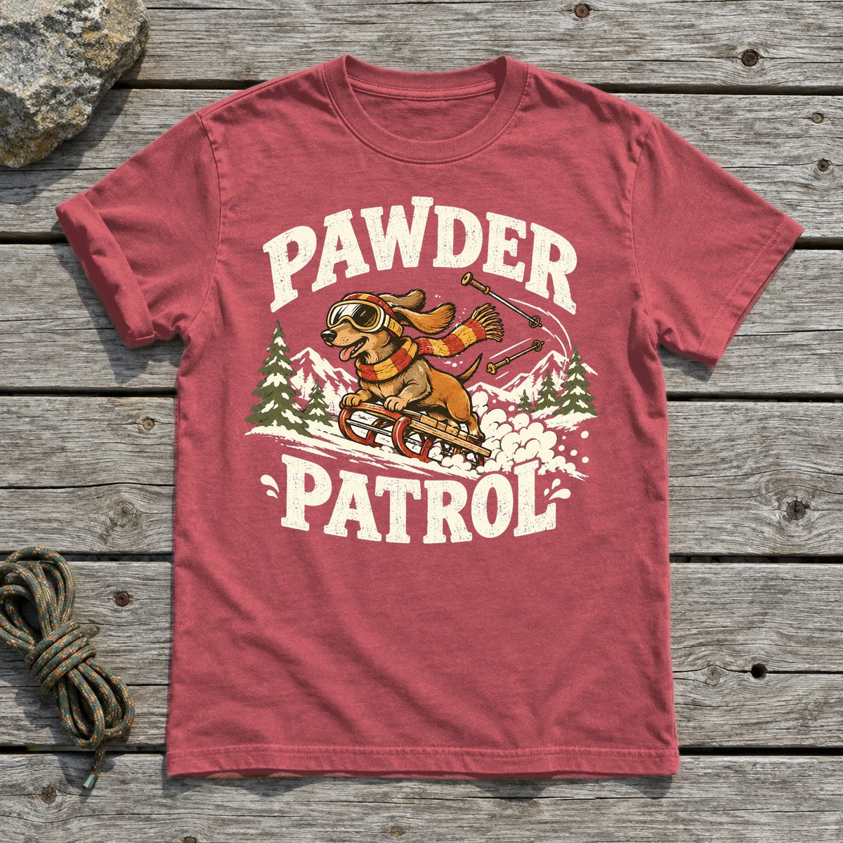 Pawder Patrol Dachshund Ski Graphic Tee on Heather Red Everyday Soft Tee