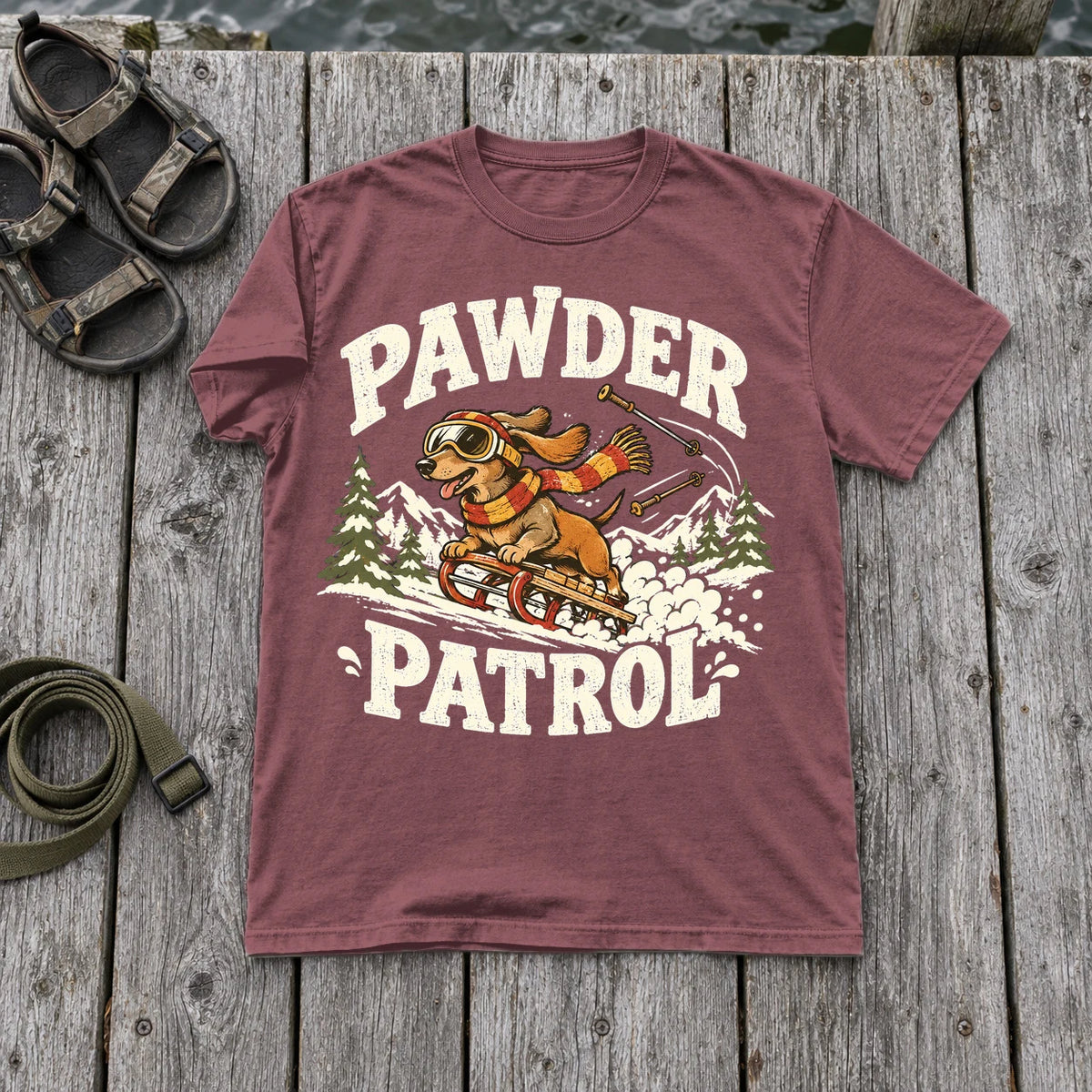 Pawder Patrol Dachshund Ski Graphic Tee on Brick Premium Tee