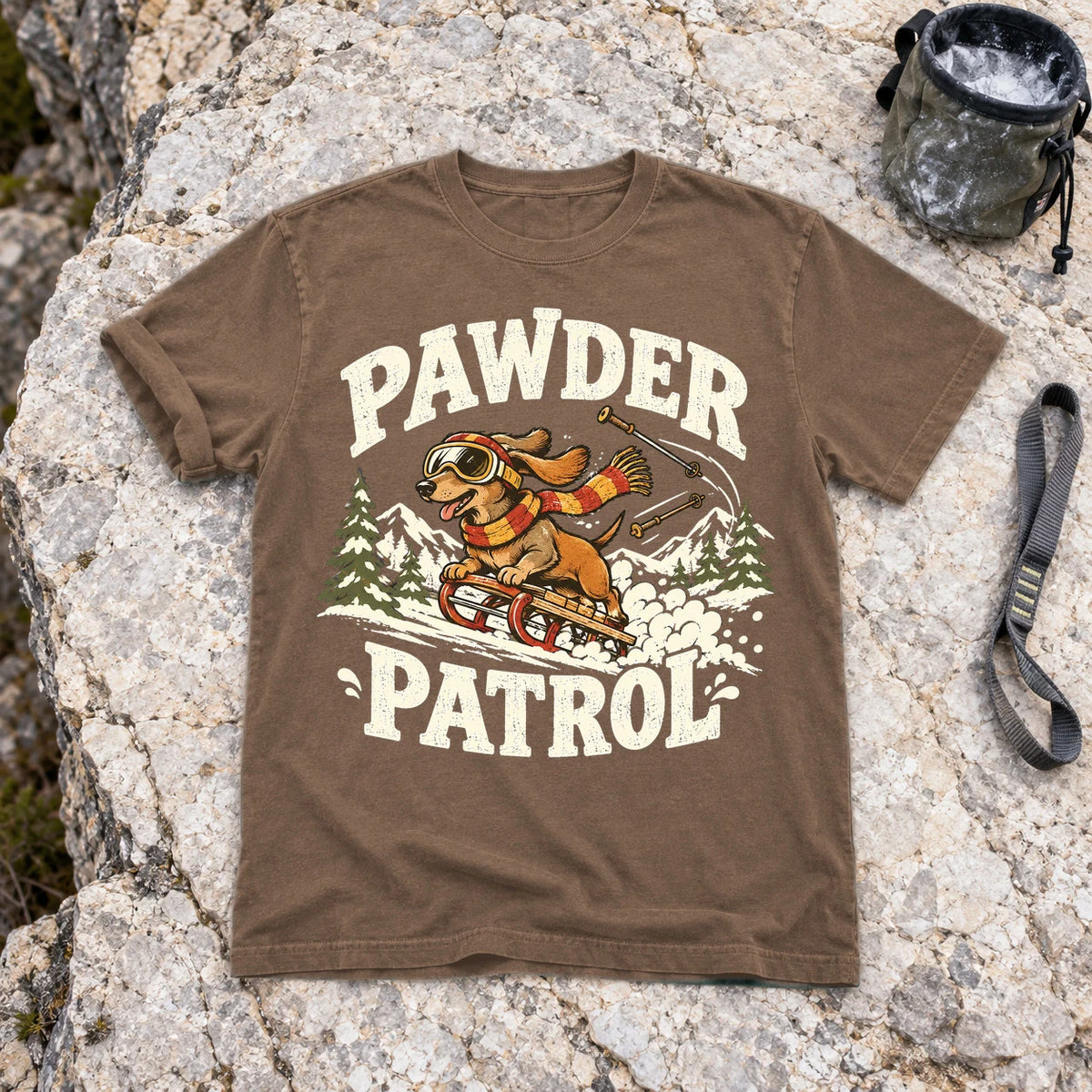 Pawder Patrol Dachshund Ski Graphic Tee on Espresso Premium Tee