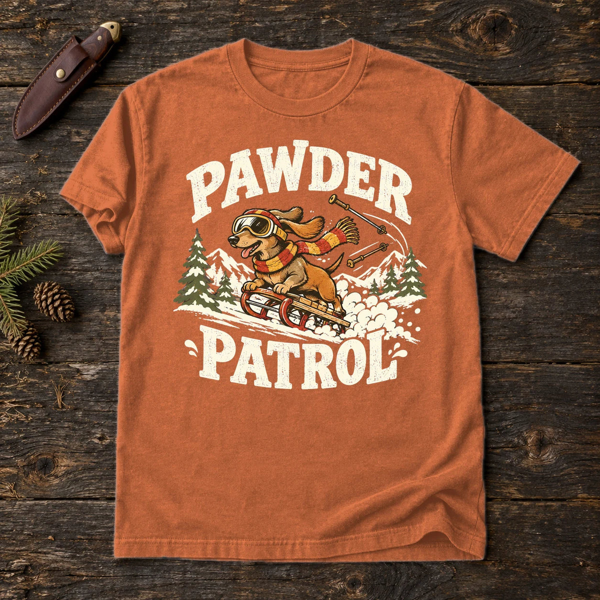 Pawder Patrol Dachshund Ski Graphic Tee on Yam Premium Tee