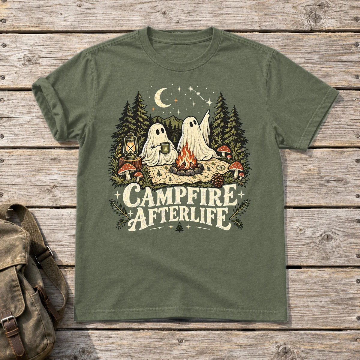 Campfire Afterlife Ghost Graphic Tee on Military Green Everyday Soft Tee