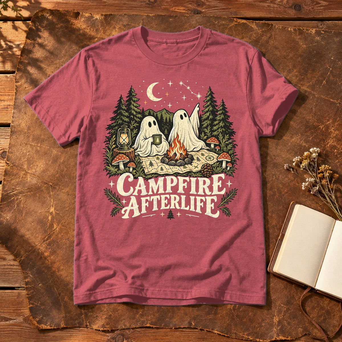Campfire Afterlife Ghost Graphic Tee on Heather Red Everyday Soft Tee