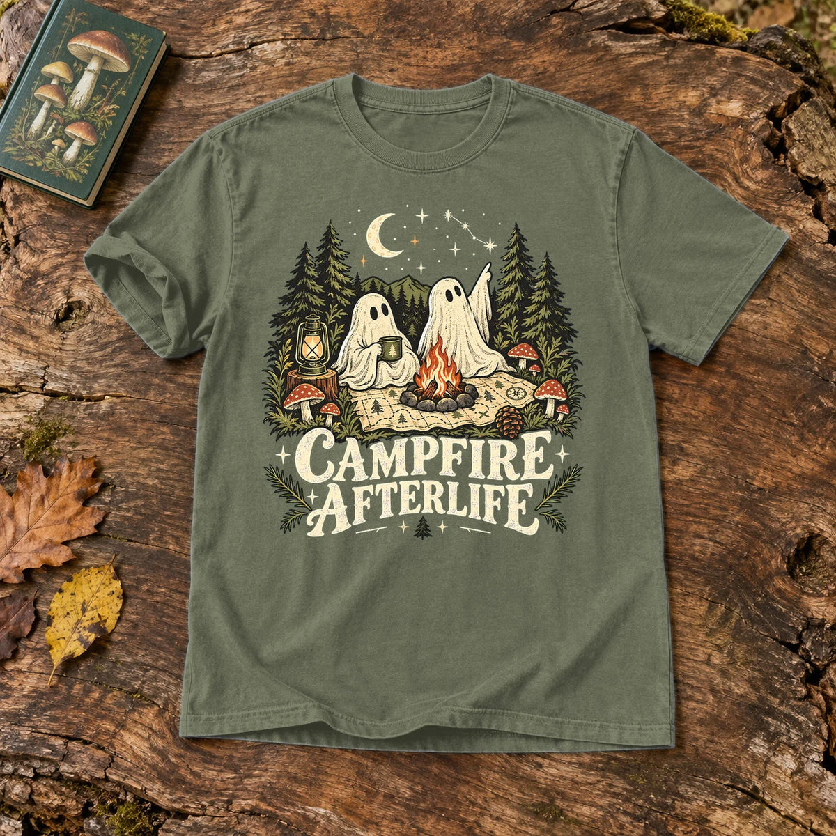 Campfire Afterlife Ghost Graphic Tee on Moss Premium Tee