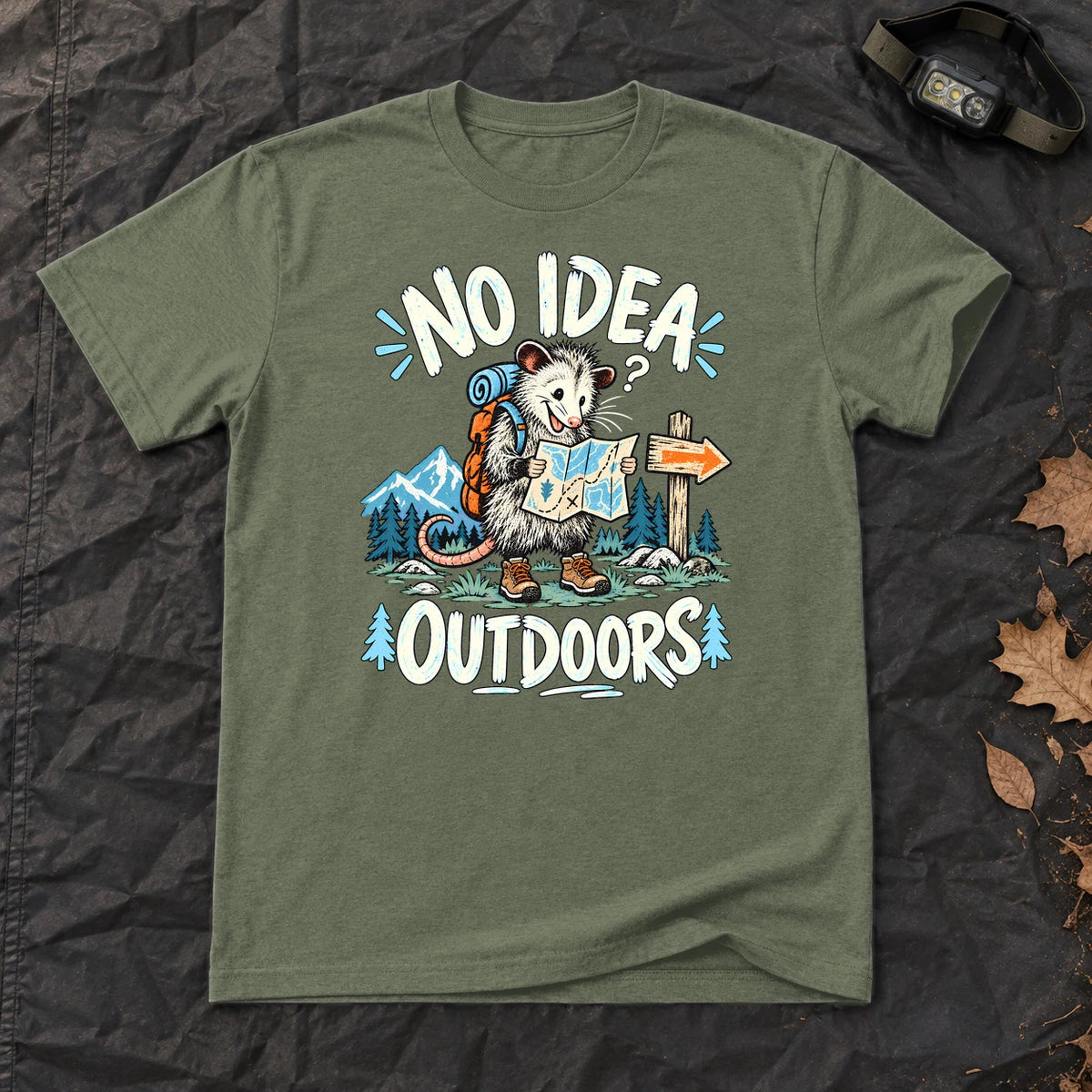 No Idea Outdoors Opossum Graphic Tee on Military Green Everyday Soft Tee