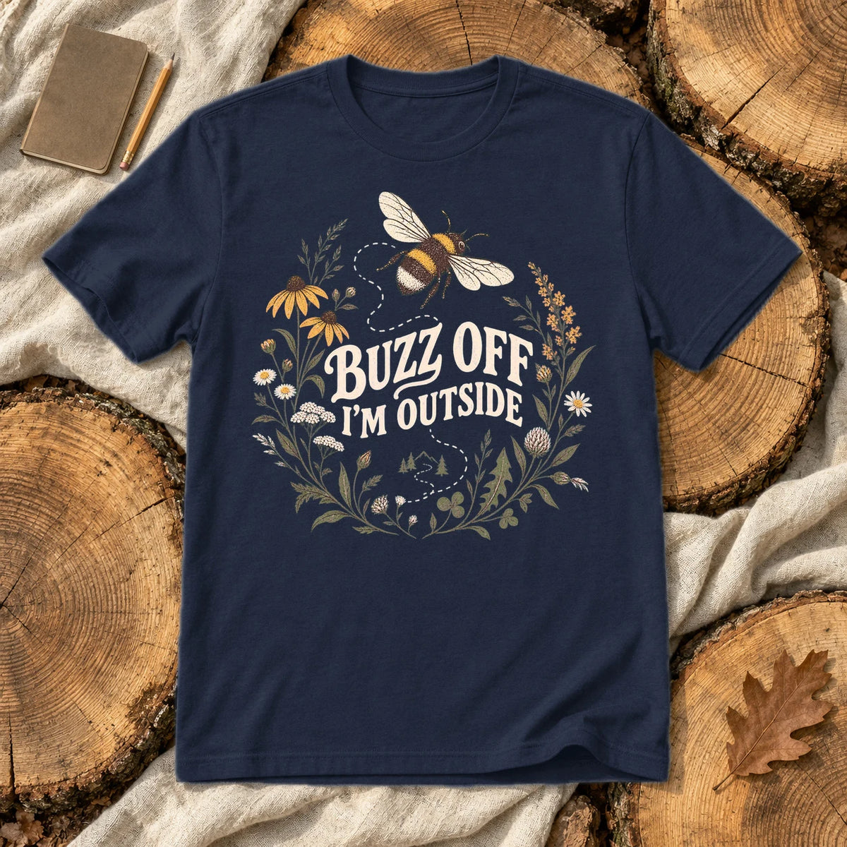 Buzz Off I'm Outside Botanical Graphic Tee on Navy Everyday Soft Tee