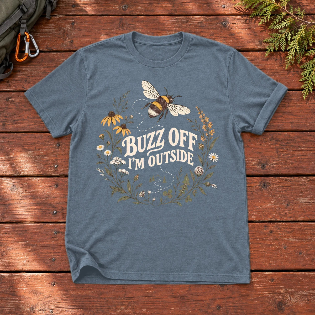 Buzz Off I'm Outside Botanical Graphic Tee on Heather Indigo Everyday Soft Tee