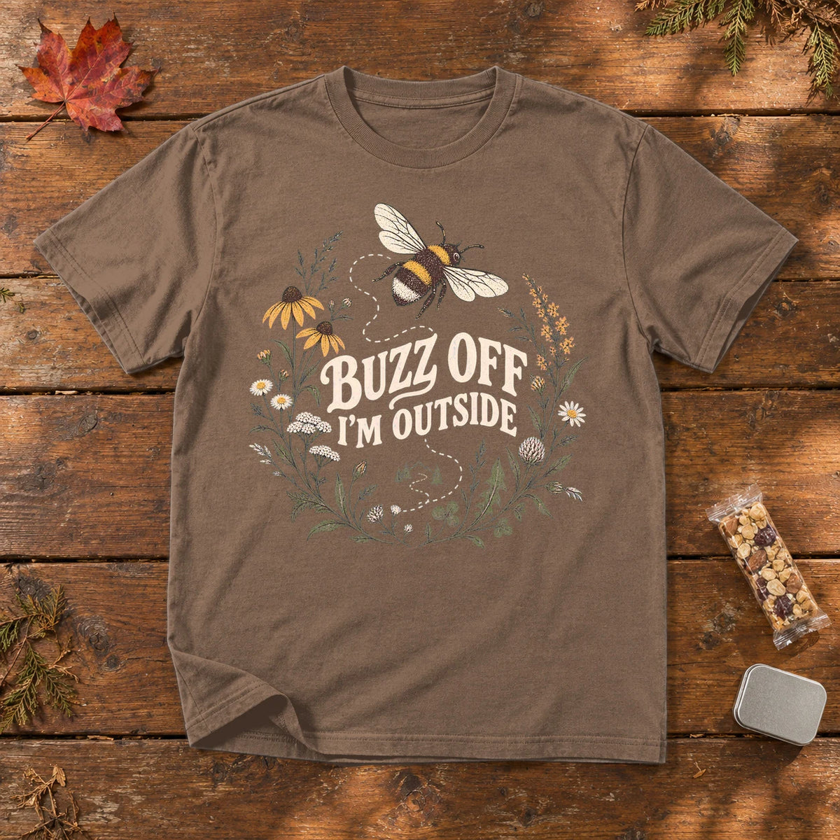 Buzz Off I'm Outside Botanical Graphic Tee on Espresso Premium Tee