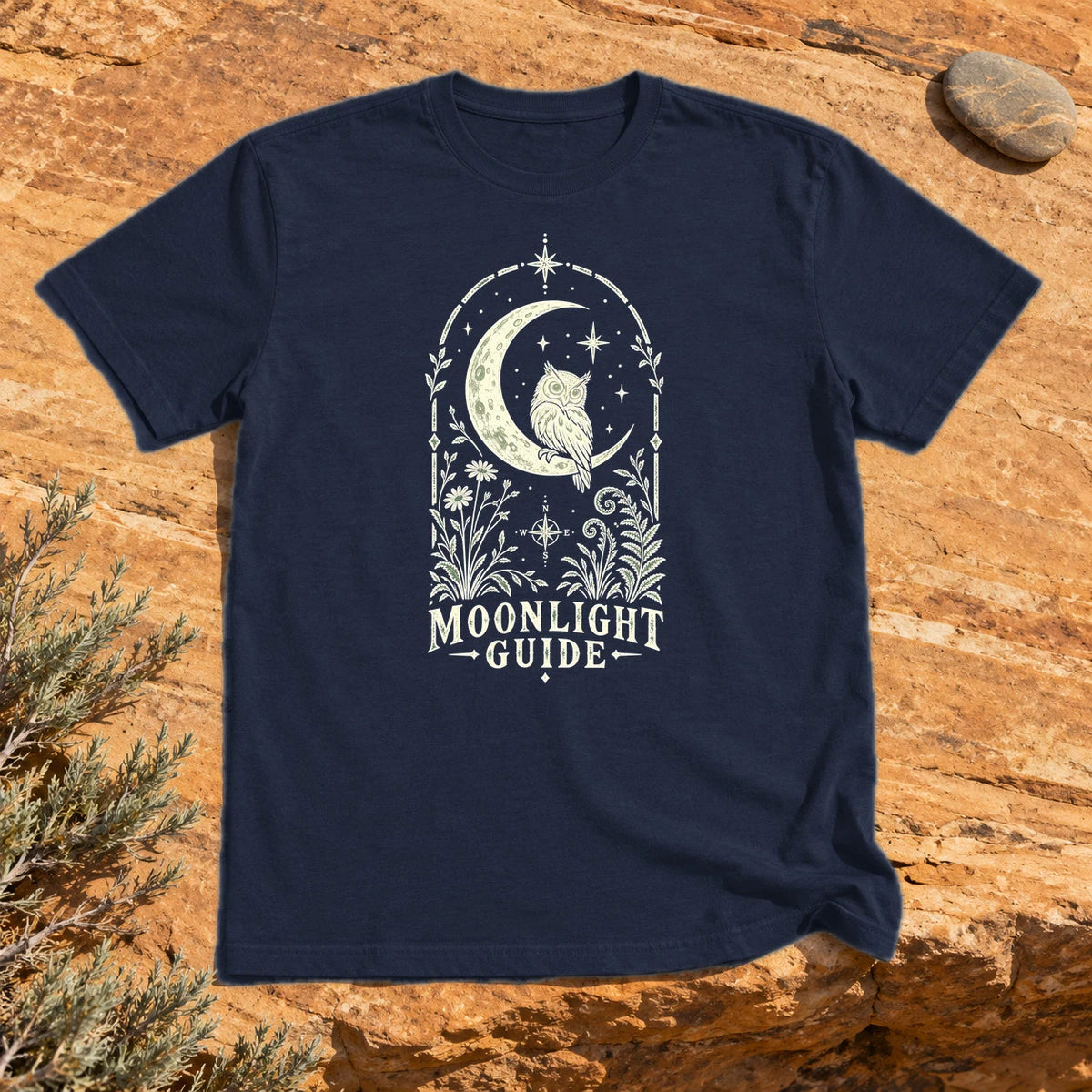 Moonlight Guide Celestial Owl Graphic Tee on Navy Everyday Soft Tee