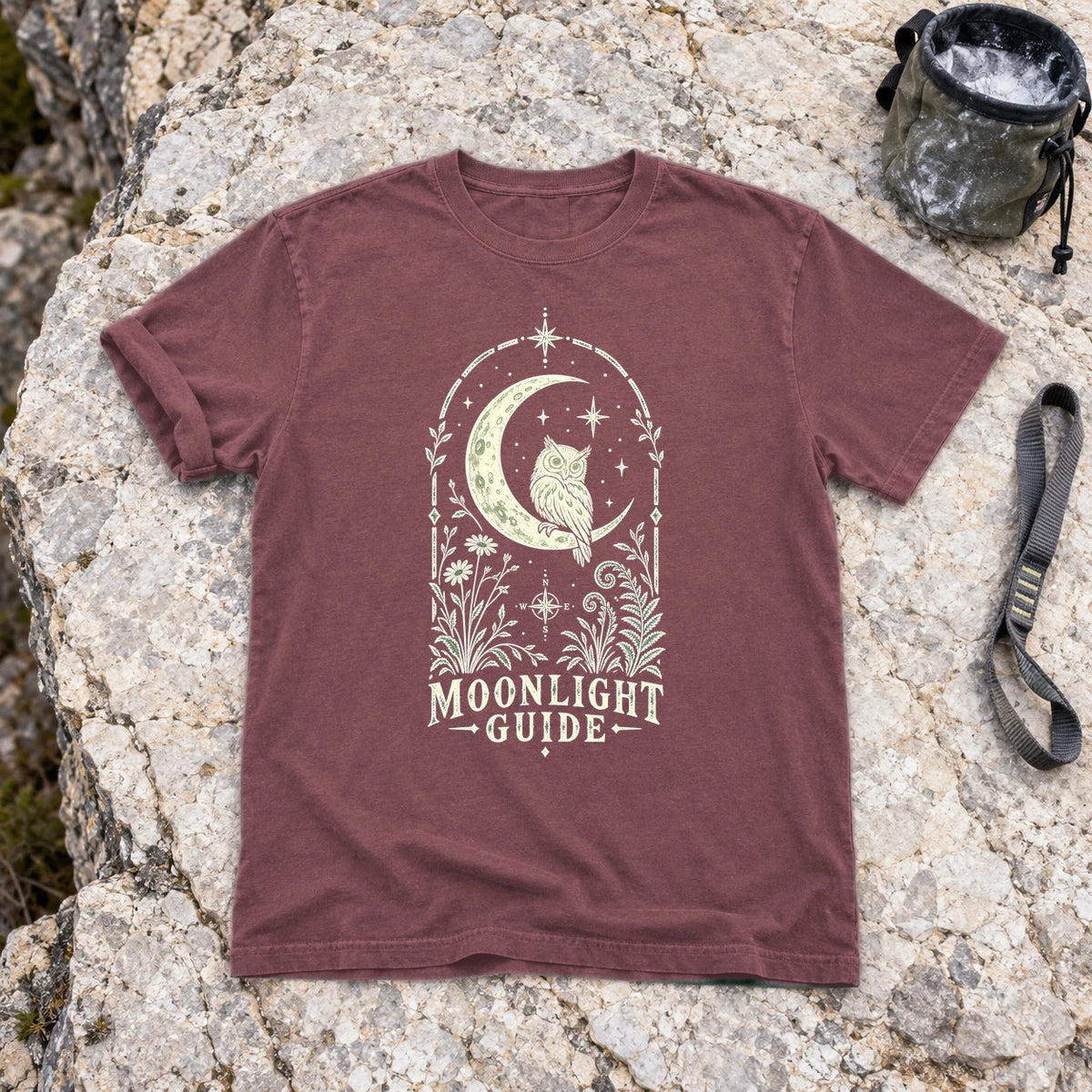 Moonlight Guide Celestial Owl Graphic Tee on Brick Premium Tee