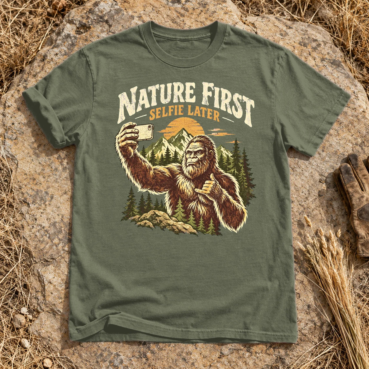Nature First Bigfoot Graphic Tee on Moss Premium Tee