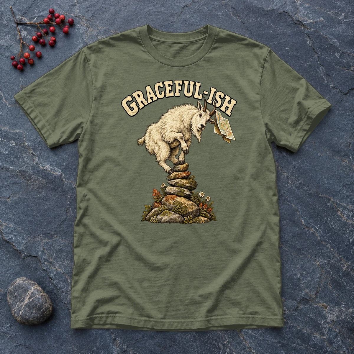 Graceful-ish Mountain Goat Graphic Tee on Military Green Everyday Soft Tee